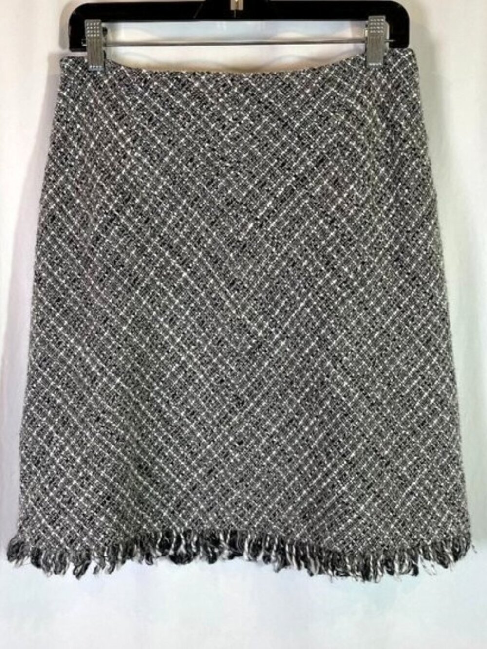 Apostrophe Tweed Skirt Black Gray White Fringe Wool Blend Lined Size 12P